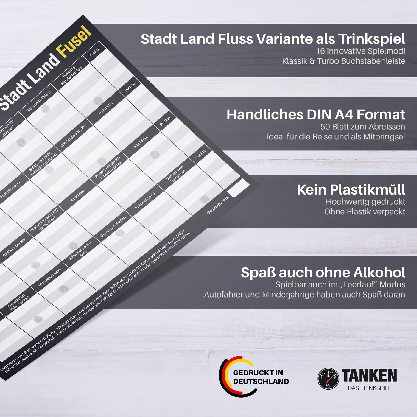 TANKEN Stadt Land Fusel Trinkspiel - Klassik Edition - 