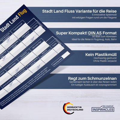 Stadt Land Flug Reisespiel - DIN A5 Format - Spiel
