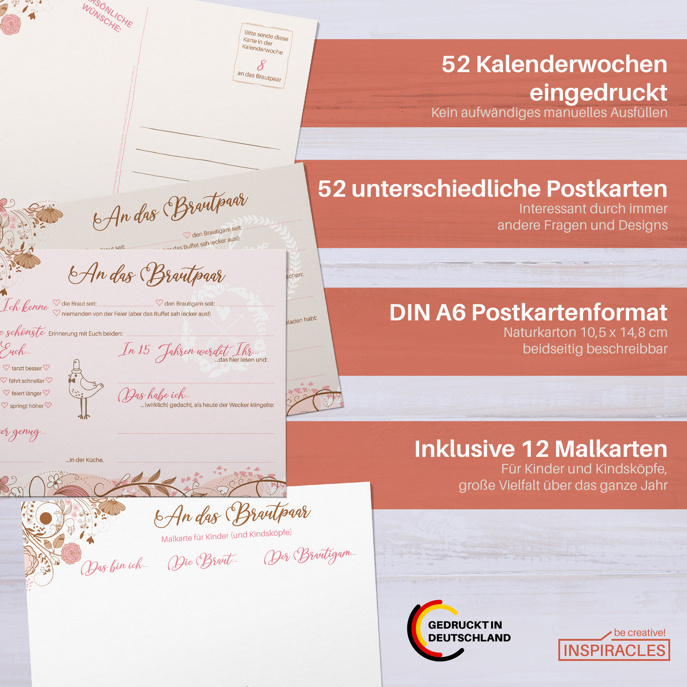 52 Postkarten Hochzeit Gästebuch Alternative - DIN A6 Vintage Karten zum Ausfüllen und Verschicken